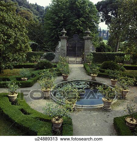 Stock Image - Circular pond in formal Italian country garden. Fotosearch