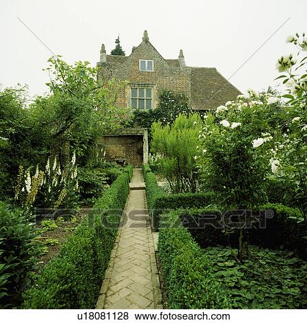 Stock Photo - Clipped hedges in formal country garden in summer. Fotosearch