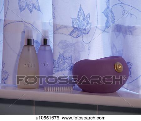 Close up of bathroom shelf and curtain View Large Photo Image Stock Photograph - Close up of bathroom shelf and curtain. Fotosearch