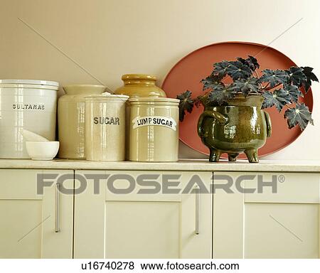 Close-up of ceramic storage jars and houseplant on cream cupboard View Large Photo Image Stock Photo - Close-up of ceramic storage jars and houseplant on cream cupboard. Fotosearch