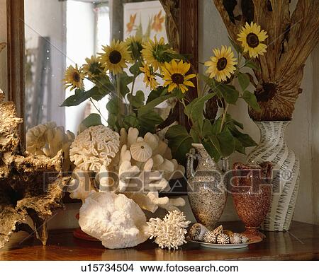 Picture - Close-up of collection of coral and vase of yellow daisies. Fotosearch