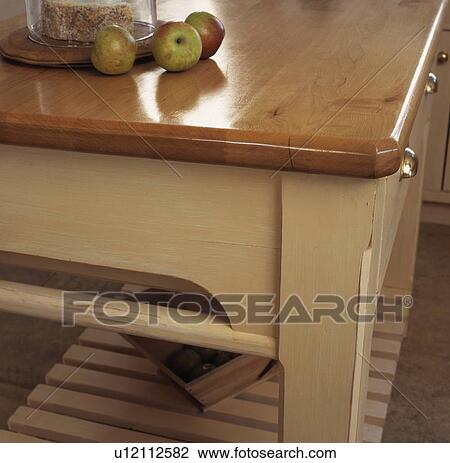 Stock Image - Close-up of cream kitchen cupboard with polished wood worktop. Fotosearch