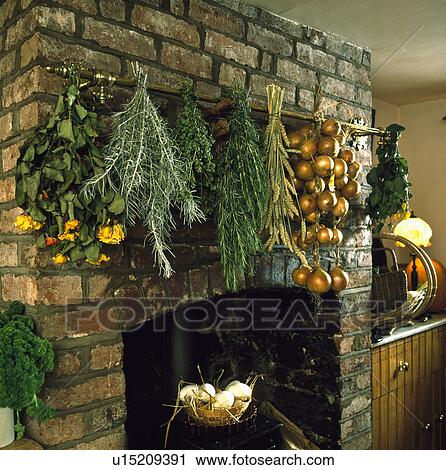 Close-up of herbs with onions and flowers drying on brick wall above fireplace View Large Photo Image Stock Image - Close-up of herbs with onions and flowers drying on brick wall above fireplace. Fotosearch