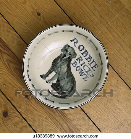 Stock Photo - Close-up of Matthew Rice pottery dog bowl. Fotosearch