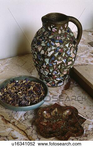 Close-up of mosaic jug and bowls of potpourri View Large Photo Image Stock Image - Close-up of mosaic jug and bowls of potpourri. Fotosearch