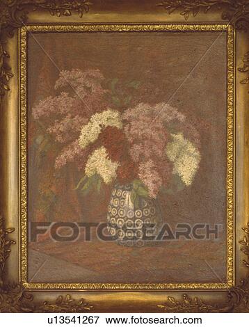 Close-up of oil painting of flowers in a decorative frame View Large Photo Image Stock Photo - Close-up of oil painting of flowers in a decorative frame . Fotosearch