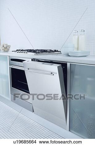 Picture - Close-up of stainless steel oven and dishwasher with door open in modern kitchen&#13; &#10; &#13; &#10; &#13; &#10; &#13; &#10; &#13; &#10; &#13; &#10;. Fotosearch