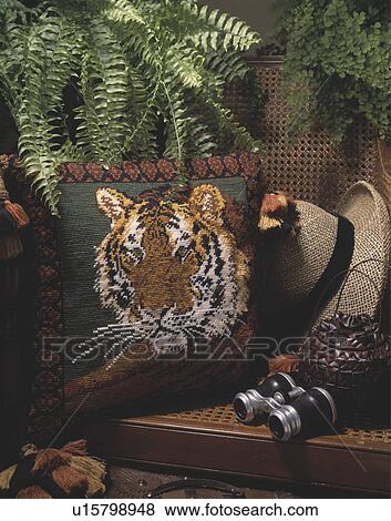 Close-up of tiger motif cross-stitch cushion View Large Photo Image Stock Photo - Close-up of tiger motif cross-stitch cushion. Fotosearch