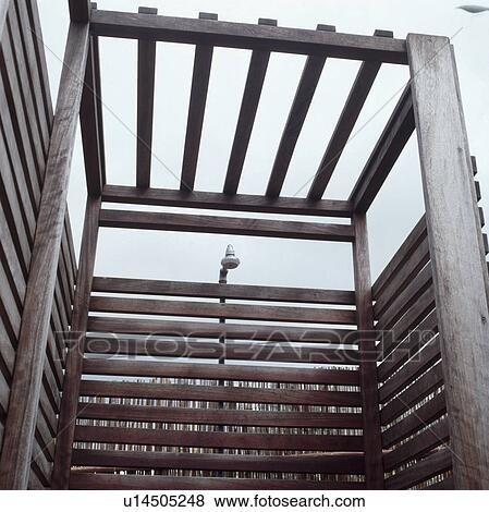 Stock Photo - Close-up of wooden outdoor shower. Fotosearch