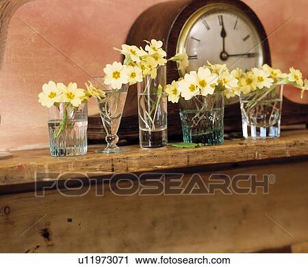 Stock Image - Close-up of yellow primroses in glass vases. Fotosearch