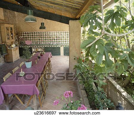 Cloth on table on veranda in country garden in summer View Large Photo Image Stock Photo - Cloth on table on veranda in country garden in summer. Fotosearch