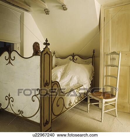 Cream Bed With Painted Scrolls In Attic Bedroom Rush Seated Attic Bedroom With Rush Seated