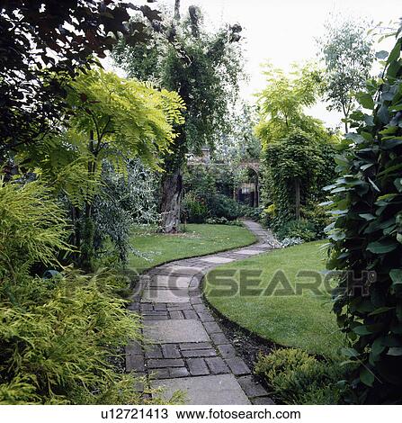 Stock Image - Curved paved path across lawn in large town garden. Fotosearch
