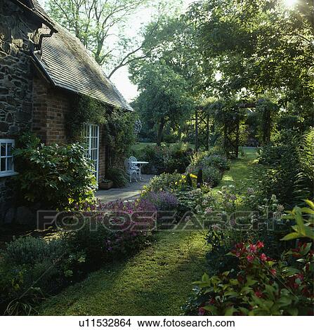 Picture - Early morning sun on a quiet corner of a country garden - small terrace with low mixed perennial planting on either side of a grass path . Fotosearch