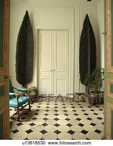 Stock Image - Faux trees on either side of white double doors in traditional hall with black and white tiled floor. Fotosearch
