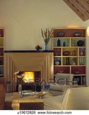 Fireplace in modern living room View Large Photo Image Stock Photograph - Fireplace in modern living room. Fotosearch