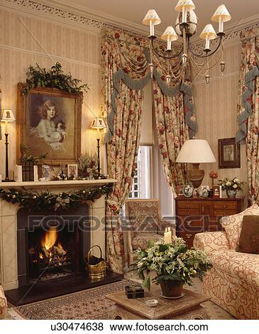 Stock Photo - Fireplace in traditional country living room. Fotosearch