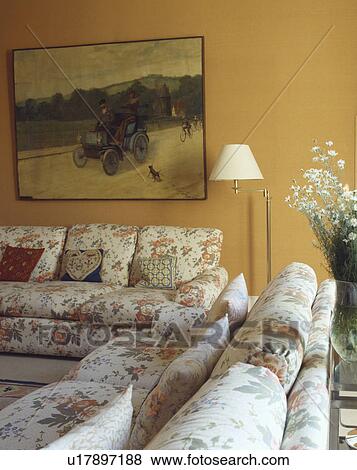 Floral White Sofas In Yellow Painted Room Traditional Oil