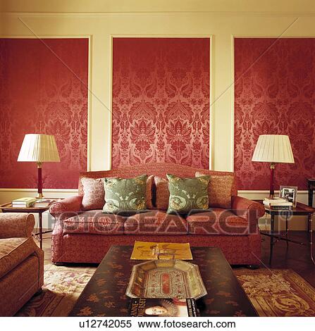 Stock Photography - Grand Livingroom with Red Wallpaper.. Fotosearch