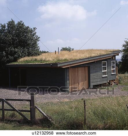 Grass covered roof on single storey wooden house View Large Photo Image Stock Photo - Grass covered roof on single storey wooden house. Fotosearch