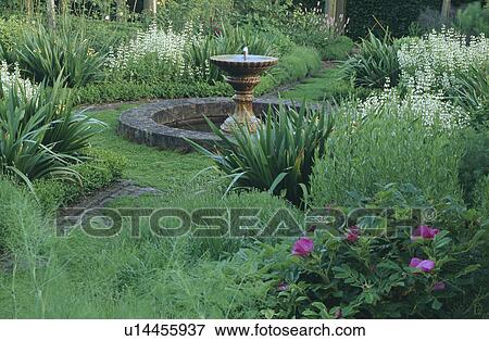Stock Photo - Grass path leading through scented herbs to circular pond in country garden. Fotosearch