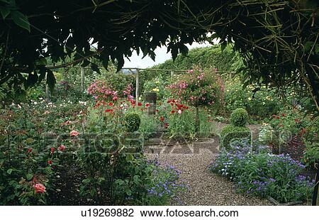 Stock Image - Gravel path through rose garden with colourful perennials in large country garden in summer. Fotosearch