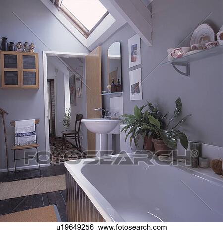 Stock Photograph - Houseplant on the edge of white bath in small white attic bathroom with open door to landing. Fotosearch