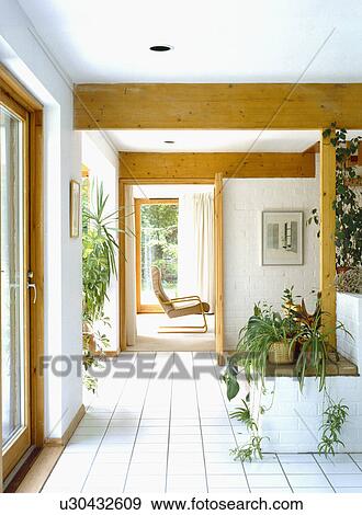 Houseplants and white tiled floor in modern hall with view of living room through open door View Large Photo Image Stock Photo - Houseplants and white tiled floor in modern hall with view of living room through open door. Fotosearch
