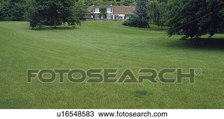 Stock Image - Large lawn in front of country house in summer. Fotosearch