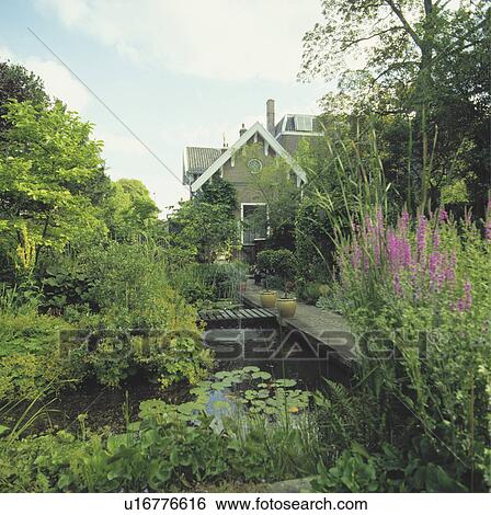 Stock Photograph - Large rectangular pond in country garden. Fotosearch