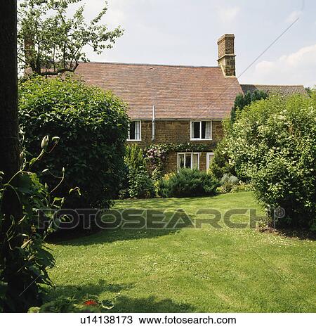 Stock Image - Lawn and shrubs in front of country cottage. Fotosearch