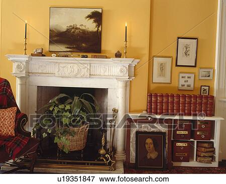 Leather Bound Books On Low Shelves Beside Marble Fireplace With