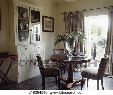 Stock Photograph - Mahogany antique pedestal table and striped upholstered chairs in dining room with white dresser and slate floor tiles. Fotosearch