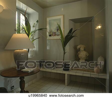 Marble bust in alcove of grey hall with houseplants on white tiled shelf and lighted lamp on circular antique table View Large Photo Image Stock Image - Marble bust in alcove of grey hall with houseplants on white tiled shelf and lighted lamp on circular antique table. Fotosearch