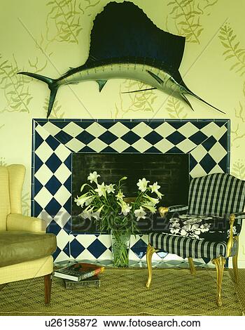 Marlin fish above black+white chequerboard tiled fireplace View Large Photo Image Stock Image - Marlin fish above black+white chequerboard tiled fireplace. Fotosearch
