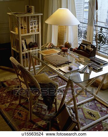 Modern home office with glass desk. View Large Photo Image Picture - Modern home office with glass desk.. Fotosearch