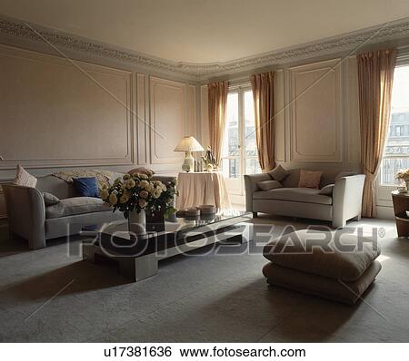 Modern table and grey carpet in panelled apartment living room View Large Photo Image Stock Photograph - Modern table and grey carpet in panelled apartment living room. Fotosearch