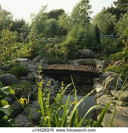 Narrow wooden footbridge over stream in country garden View Large Photo Image Stock Photograph - Narrow wooden footbridge over stream in country garden. Fotosearch