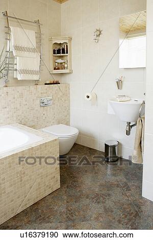 Natural coloured modern bathroom with mosaic tiles and white fittings View Large Photo Image Stock Image - Natural coloured modern bathroom with mosaic tiles and white fittings. Fotosearch