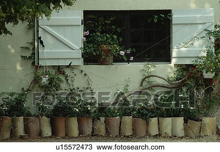 Open white shutters above row of cylindrical pots View Large Photo Image Stock Image - Open white shutters above row of cylindrical pots. Fotosearch