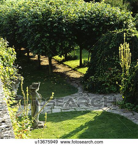 Stock Photo - Paved path and small avenue of clipped trees in large country garden in summer. Fotosearch