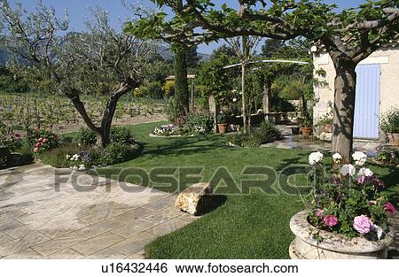 Paved patio in country garden in Provence in summer View Large Photo Image Stock Photograph - Paved patio in country garden in Provence in summer. Fotosearch