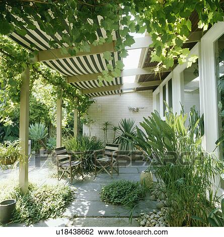 Stock Image - Pergola above veranda of Mediterranean house. Fotosearch