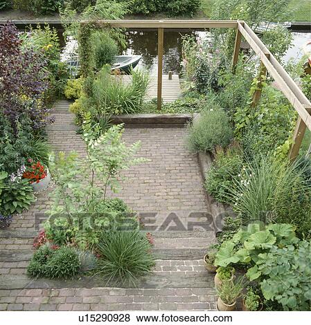Stock Photo - Pergola and paving in country garden with stream at the bottom of the garden . Fotosearch