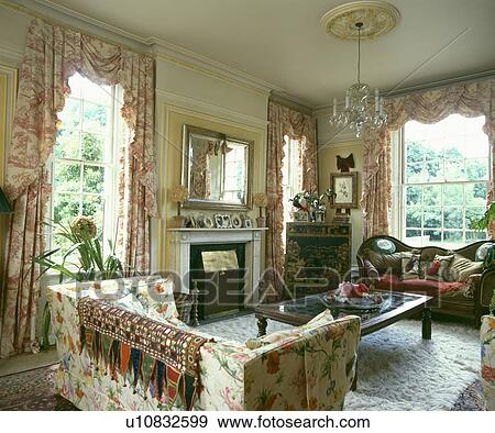 Pink toile de Jouy curtains in country living room View Large Photo Image Stock Photo - Pink toile de Jouy curtains in country living room . Fotosearch