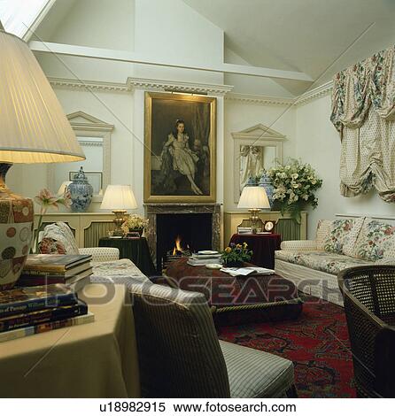 Portrait above fireplace in large traditional living room in town apartment View Large Photo Image Stock Photography - Portrait above fireplace in large traditional living room in town apartment. Fotosearch