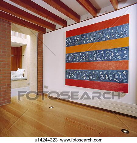 Recessed uplighters in wooden flooring in modern white hall with large abstract painting and wooden ceiling beams View Large Photo Image Stock Image - Recessed uplighters in wooden flooring in modern white hall with large abstract painting and wooden ceiling beams. Fotosearch