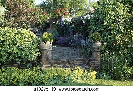 Reclaimed chimney pots on either side of stone path in walled summer garden View Large Photo Image Stock Photo - Reclaimed chimney pots on either side of stone path in walled summer garden. Fotosearch