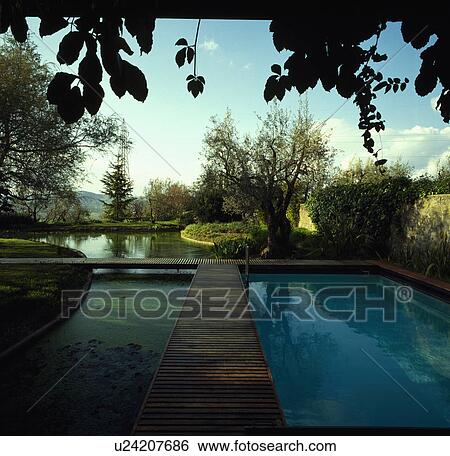 Stock Photograph - Rectangular pond in formal garden in summer. Fotosearch