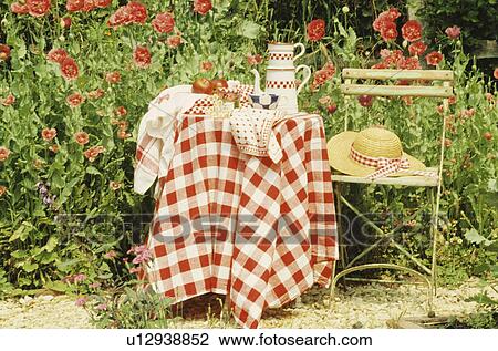 Red checked cloth on garden table View Large Photo Image Stock Image - Red checked cloth on garden table. Fotosearch